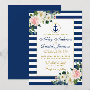 Nautical Wedding Blue Stripes White Pink Floral Kaart
