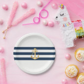 Nautical Wedding Gold Anchor Navy Stripes Papieren Bordje (Feest)