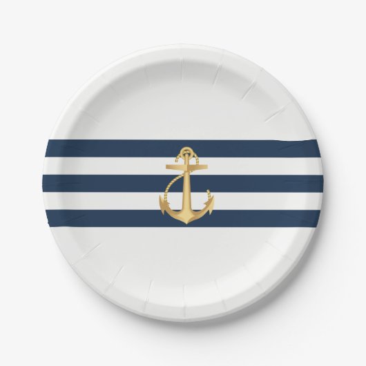 Nautical Wedding Gold Anchor Navy Stripes Papieren Bordje (Voorkant)