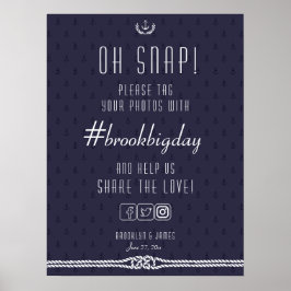 Nautical Wedding Hashtag 18x24 Blue Anchors Poster