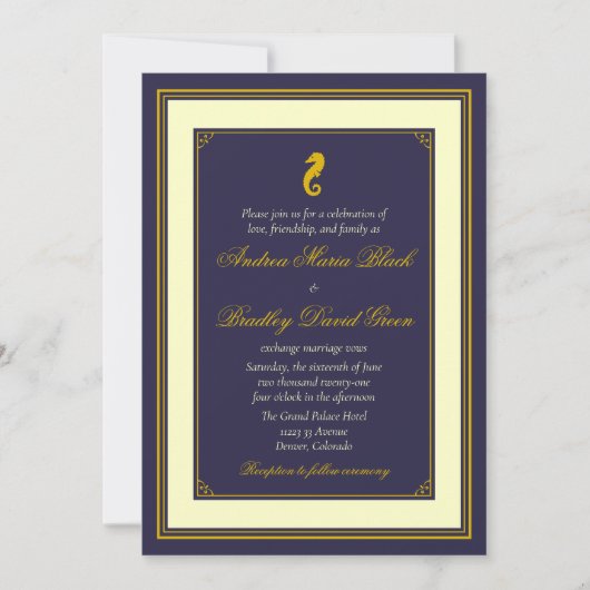 Nautical Wedding Invitation Navy and Gold Seahorse Kaart (Voorkant)