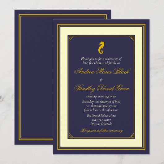Nautical Wedding Invitation Navy and Gold Seahorse Kaart (Voorkant / Achterkant)