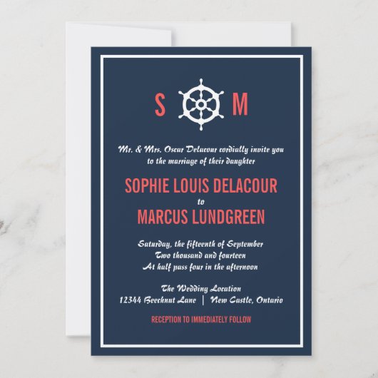 Nautical Wedding Invitation Navy Blue en Coral Kaart (Voorkant)
