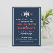 Nautical Wedding Invitation Navy Blue en Coral Kaart (Staand voorkant)