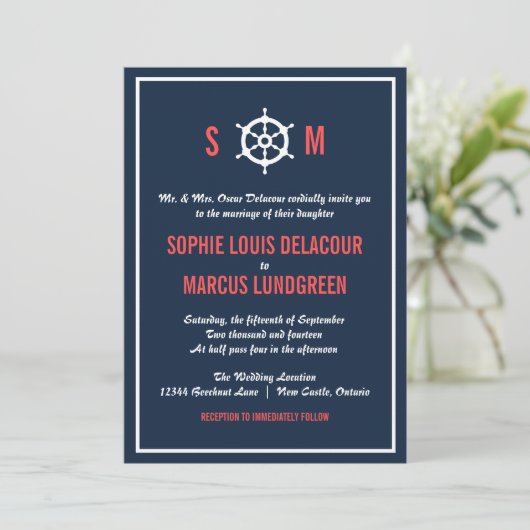 Nautical Wedding Invitation Navy Blue en Coral Kaart (Staand voorkant)