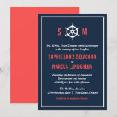 Nautical Wedding Invitation Navy Blue en Coral Kaart (Voorkant / Achterkant)