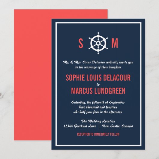 Nautical Wedding Invitation Navy Blue en Coral Kaart (Voorkant / Achterkant)