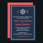 Nautical Wedding Invitation Navy Blue en Coral Kaart<br><div class="desc">Donkere marineblauw en koraalbruiloft met een witte helm in de initialen tussen de bruid en de grooms. Dit is perfect voor de nautische bruiloften of de zee- en oceaanwitwanden.</div>