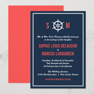 Nautical Wedding Invitation Navy Blue en Coral Kaart