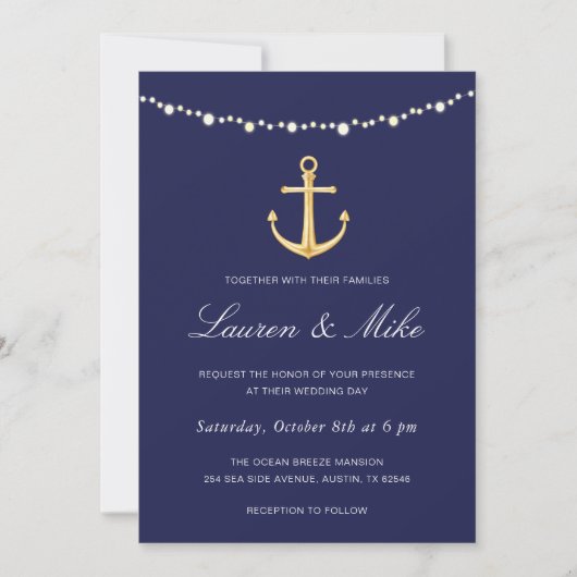 Nautical Wedding Invitation, Navy Gold Anchor Kaart (Voorkant)
