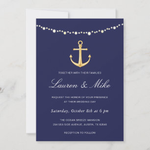 Nautical Wedding Invitation, Navy Gold Anchor Kaart