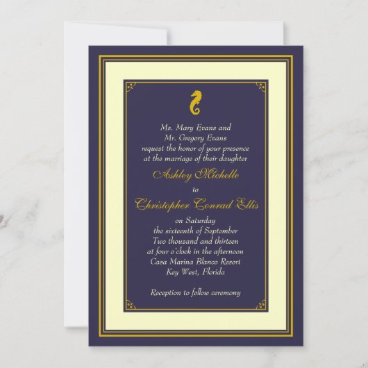 Nautical Wedding Invitation Navy Gold Seahorse Kaart (Voorkant)