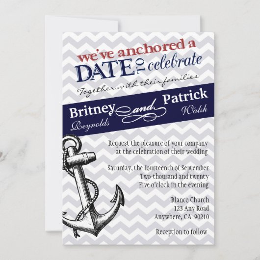 Nautical Wedding Invitations Navy Blue Anchor Kaart (Voorkant)