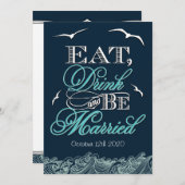 Nautical Wedding Invitations Navy Blue & Aqua Naut Kaart (Voorkant / Achterkant)