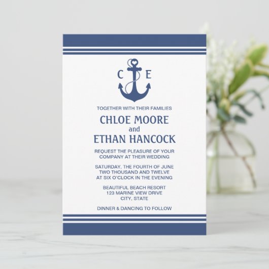 Nautical Wedding Invitations Navy Blue Kaart (Staand voorkant)