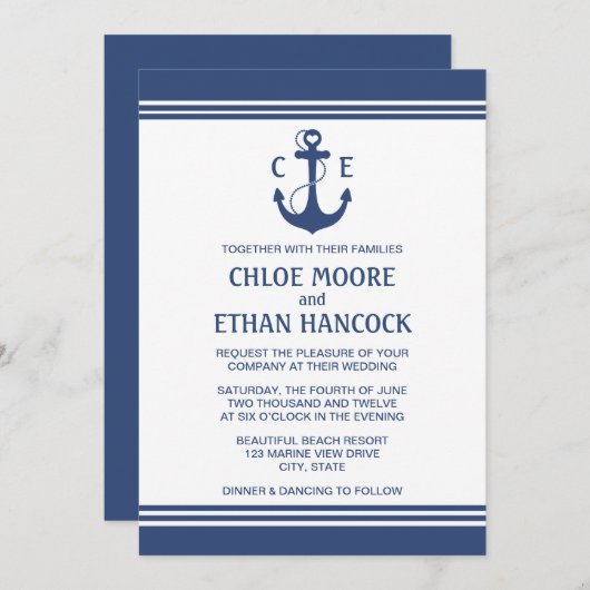 Nautical Wedding Invitations Navy Blue Kaart (Voorkant / Achterkant)