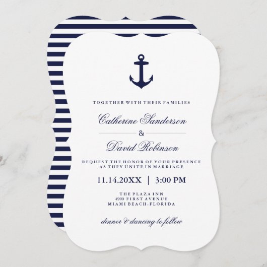 Nautical Wedding Invitations with Navy Stripes Kaart (Voorkant / Achterkant)