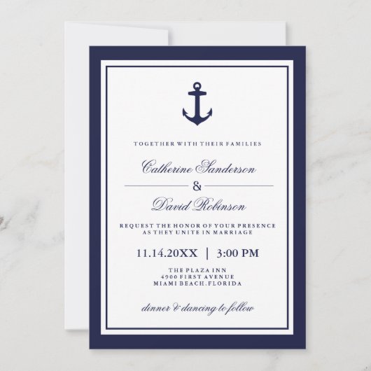 Nautical Wedding Invitations with Navy Stripes Kaart (Voorkant)