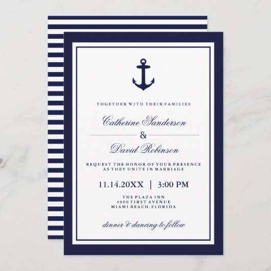 Nautical Wedding Invitations with Navy Stripes Kaart (Voorkant / Achterkant)
