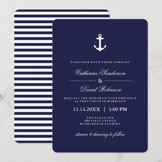 Nautical Wedding Invitations with Navy Stripes Kaart (Voorkant / Achterkant)