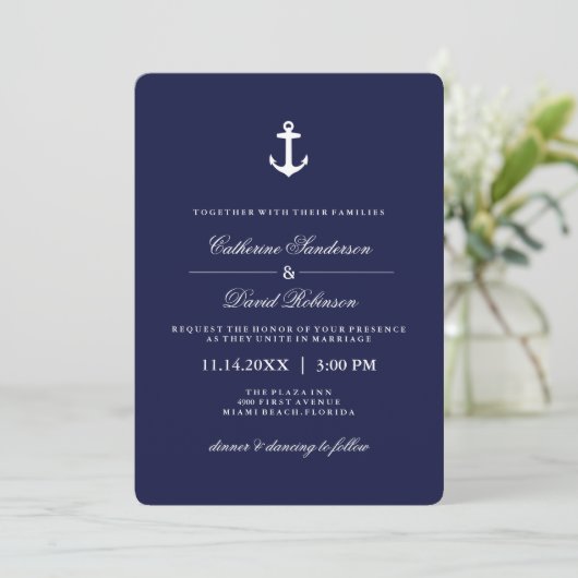 Nautical Wedding Invitations with Navy Stripes Kaart (Staand voorkant)