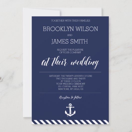 Nautical Wedding Invitations with White Stripes Kaart (Voorkant)
