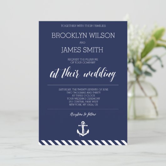 Nautical Wedding Invitations with White Stripes Kaart (Staand voorkant)