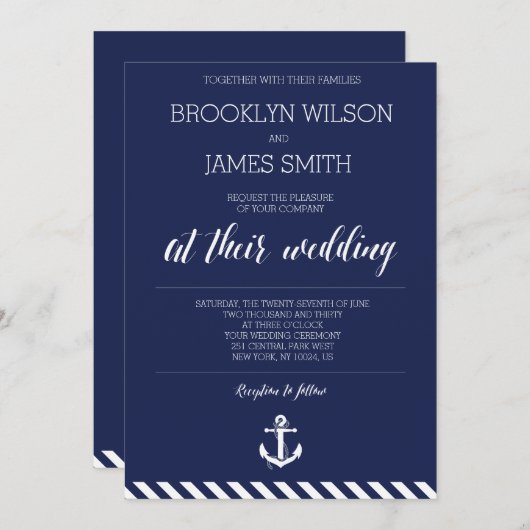 Nautical Wedding Invitations with White Stripes Kaart (Voorkant / Achterkant)