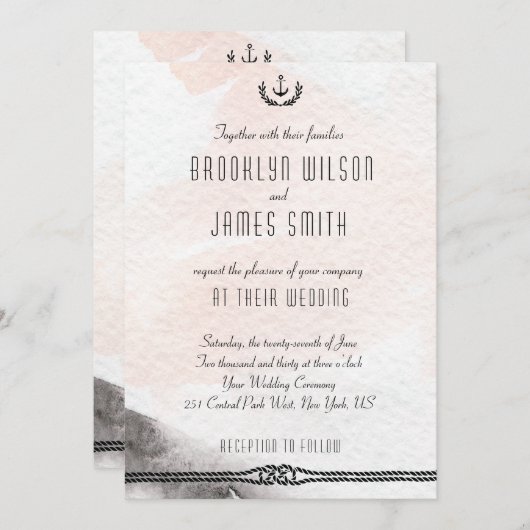 Nautical Wedding Invitding Waterverf Peach Kaart (Voorkant / Achterkant)