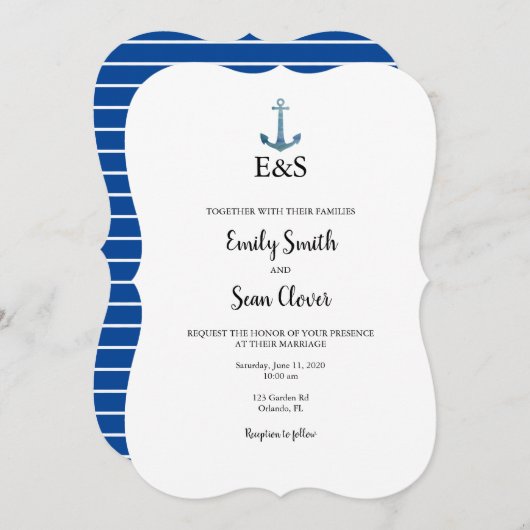 Nautical Wedding Monogram Blue Stripe Uitnodiging (Voorkant / Achterkant)