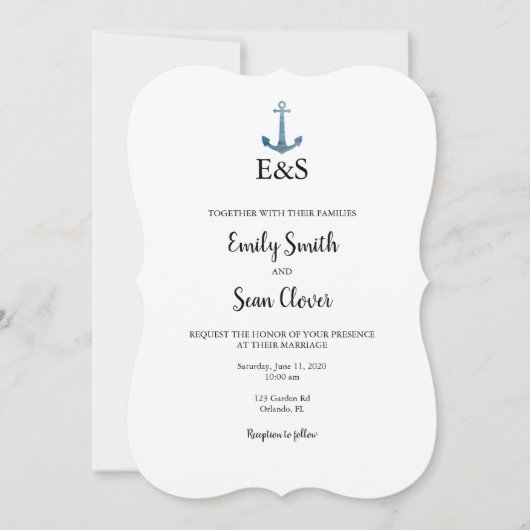 Nautical Wedding Monogram Blue Stripe Uitnodiging (Voorkant)