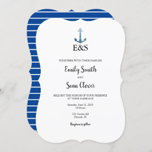 Nautical Wedding Monogram Blue Stripe Uitnodiging