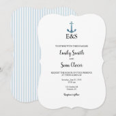 Nautical Wedding Monogram Blue Stripe Uitnodiging (Voorkant / Achterkant)