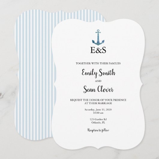 Nautical Wedding Monogram Blue Stripe Uitnodiging (Voorkant / Achterkant)