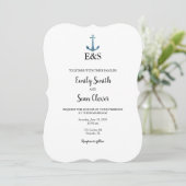 Nautical Wedding Monogram Blue Stripe Uitnodiging (Staand voorkant)