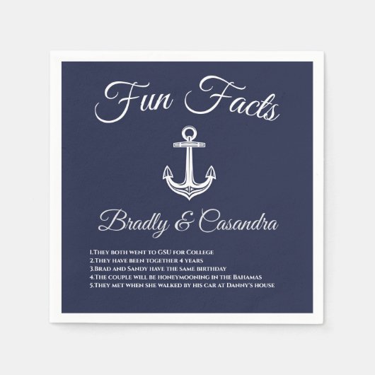 Nautical Wedding Navy Blue en White Fun Facts Servet (Voorkant)