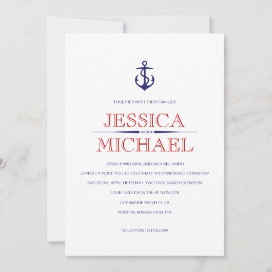 Nautical Wedding Navy Blue Nautical Red Stripes Kaart (Voorkant)