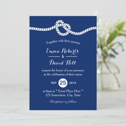 Nautical Wedding Navy Blue Tying the Knot Elegant Kaart (Staand voorkant)