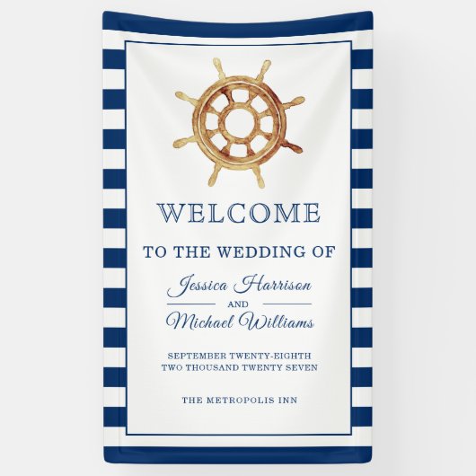 Nautical Wedding Navy Waterverf Steering Wheel Spandoek (Verticaal)