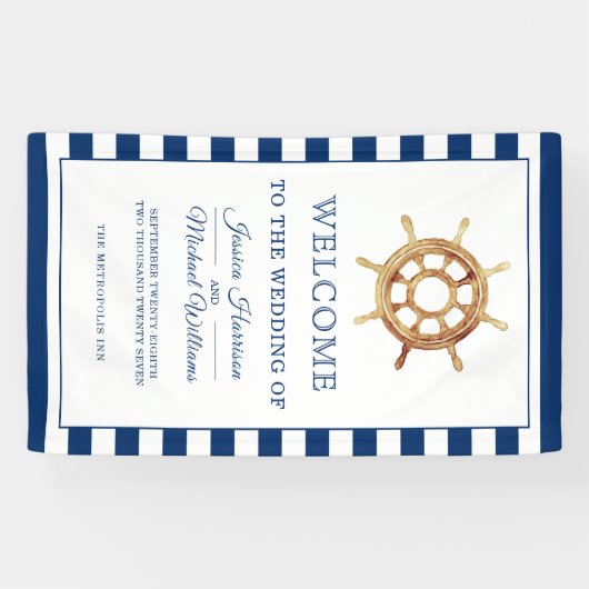 Nautical Wedding Navy Waterverf Steering Wheel Spandoek (Horizontaal)