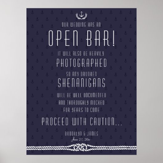Nautical Wedding Open Bar Sign 18x24 Blue Anchors Poster (Voorkant)