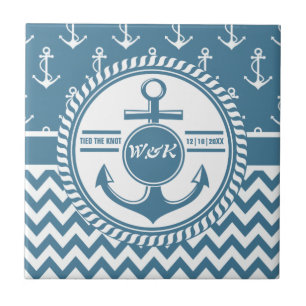 Nautical Wedding or Jubileum Anchor Chevron Tegeltje