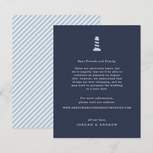 Nautical Wedding Postponement Card Insert Navy Informatiekaartje (Voorkant / Achterkant)