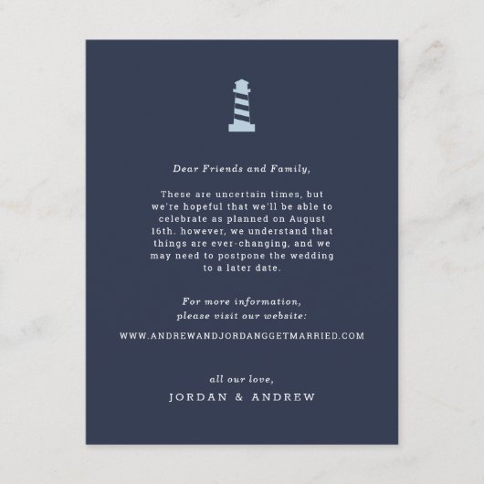 Nautical Wedding Postponement Card Insert Navy Informatiekaartje (Voorkant)