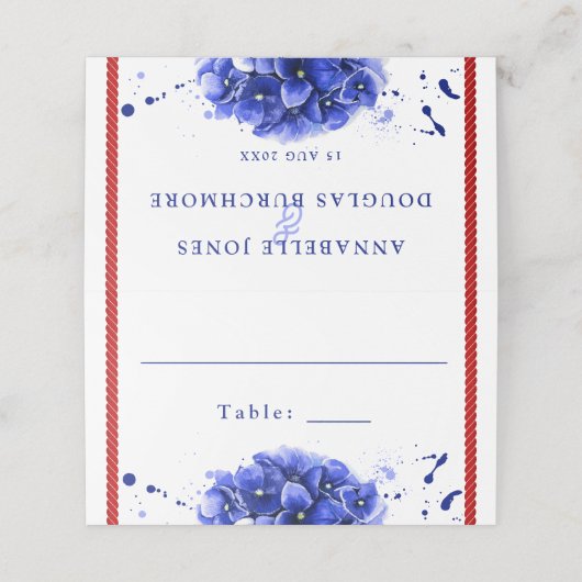 Nautical Wedding Red Blue Hydrangea Paint Drip Plaatskaartje (Buitenkant ongevouwen)