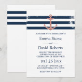 Nautical Wedding Roos Gold Anchor Navy Stripes Kaart (Voorkant / Achterkant)