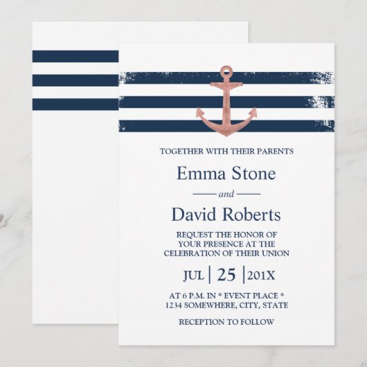 Nautical Wedding Roos Gold Anchor Navy Stripes Kaart (Voorkant / Achterkant)