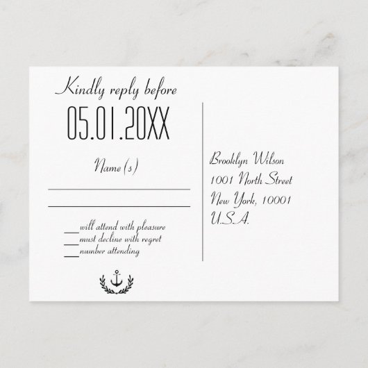 Nautical Wedding RSVP Briefkaarten grijs en wit (Achterkant)