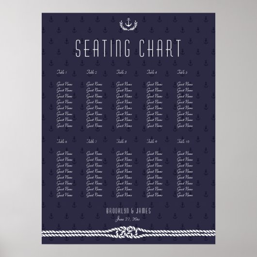 Nautical Wedding Seating Chart 18x24 Blue Anchors Poster (Voorkant)