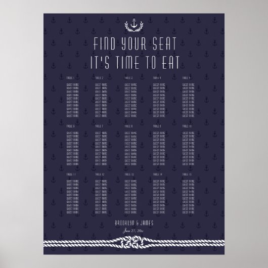 Nautical Wedding Seating Chart Blue Anchors Poster (Voorkant)